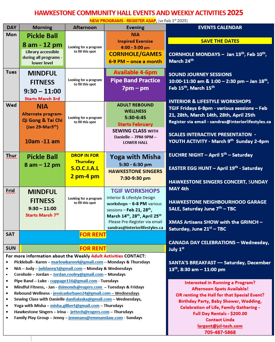 Weekly Programs at a glance-Winter 2025