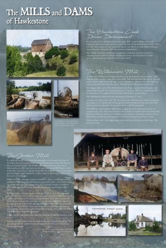 A storyboard exhibit of the history of the mills and dams in Hawkestone.