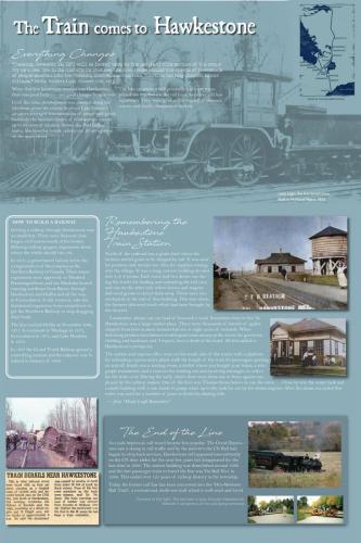 A storyboard exhibit of the history of the trains coming to Hawkestone and the its train station
