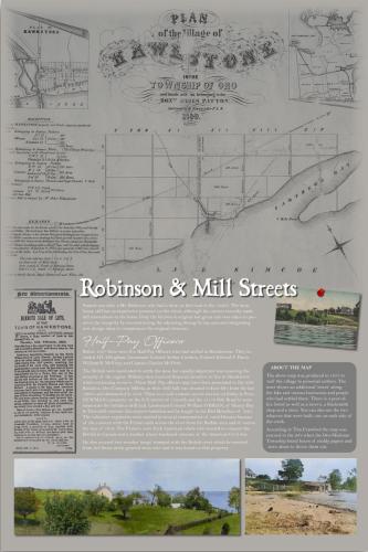A storyboard exhibit of the history of the Hawkestone's earliest streets: Robinson Street and Mill Street